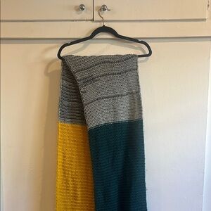Long, Wide, Knit Scarf in Gray, Yellow, and Green